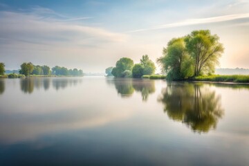 Obraz premium Serene dawn reflection of trees in a tranquil lake, misty atmosphere, peaceful landscape