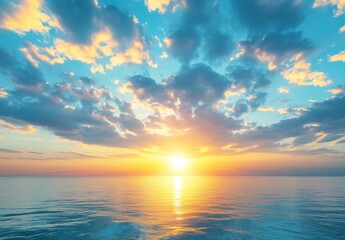 Serene Sunset Over Calm Ocean Waters with Reflections and Dramatic Sky in Vibrant Colors of Yellow, Blue, and Orange at Dusk