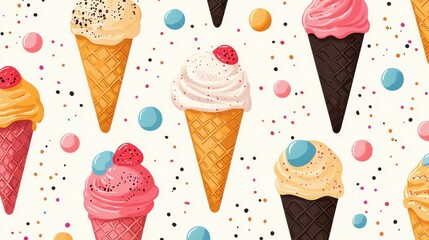 Seamless pattern with colorful ice cream cones and sprinkles. Sweet summer background.