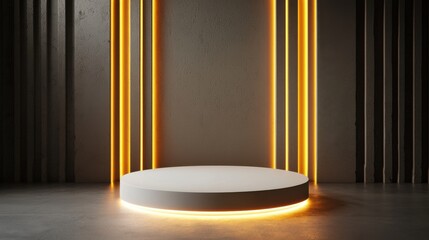 A white pedestal with orange lighting in the background