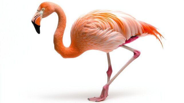A flamingo is walking on a white background