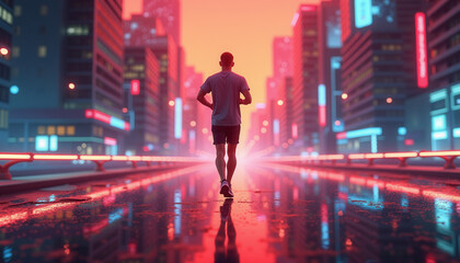 Man running in neon city streets for urban fitness blogs and modern sports advertisements