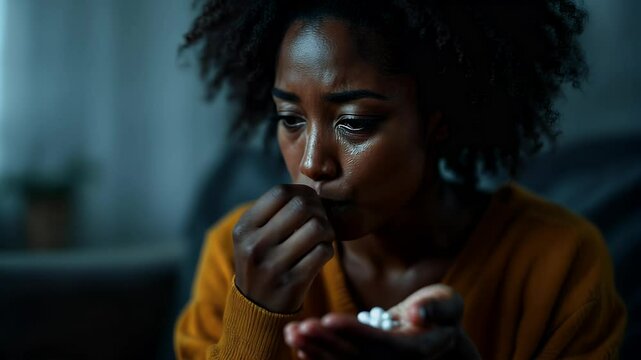 Depressed or sick young african woman taking pills in dark room at home. Girl with physical or mental illness taking painkillers or medication for anxiety, depression or insomnia and sleep problems