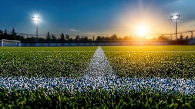 A soccer field with a white line on the grass
