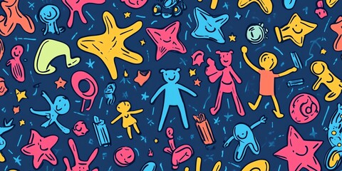 Naklejka premium Bright and Colorful Playful Doodles Featuring Diverse Characters and Shapes on a Dark Blue Background
