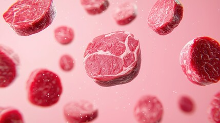 Fototapeta premium Fresh raw beef cubes floating on a pink background. Concept of food, meat, and cooking.