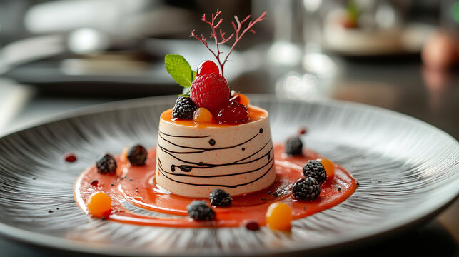 Elegant dessert plate featuring creamy mousse, vibrant sauce, and fresh berries garnished with mint
