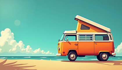 Orange vintage camper van with pop-up roof on shoreline for summer holiday promotions travel agency websites