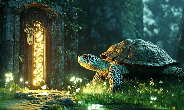 Enchanted Turtle Guarding a Mystical Doorway in a Lush Forest with ai generated.