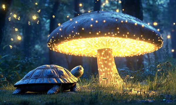 Enchanted Forest Scene with Turtle and Glowing Mushroom Light with ai generated.