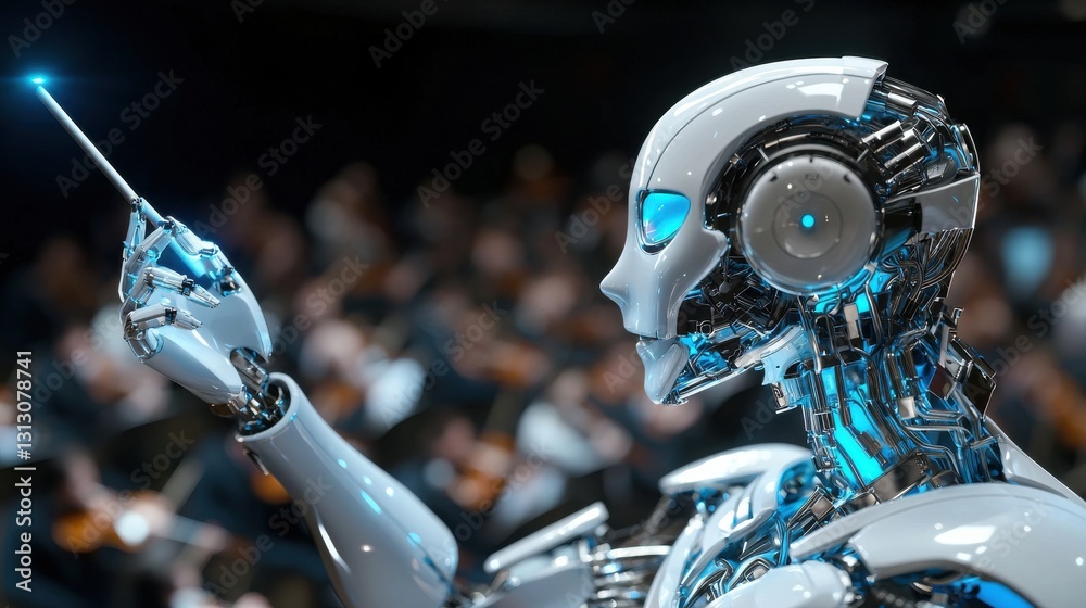 Poster a robot is standing in front of a crowd of people, pointing to something