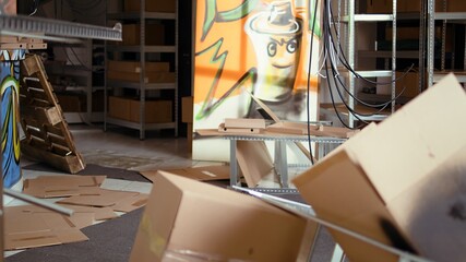 Empty ruined underground ghetto interior used by urban explorers venturing into abandoned...