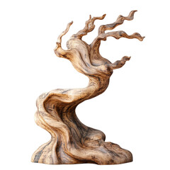 Natural wood tree sculpture with organic curves isolated on transparent background