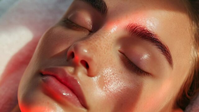 Subtle shifts of red light across a relaxed face capturing tranquility and warmth
