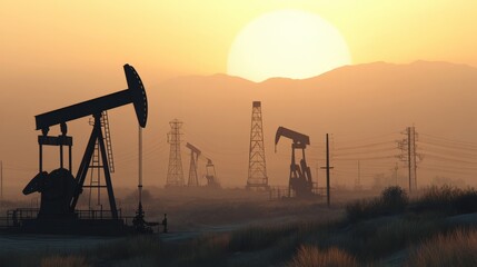 Silhouetted oil pumps against a vibrant sunset, highlighting industrial activity in a rural landscape