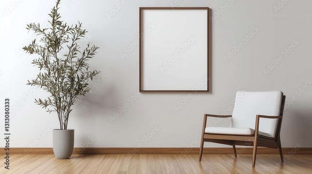 Poster a white chair sits in front of a large empty picture frame