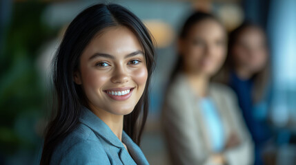 Obraz premium Smiling Latina businesswoman with colleagues in the background