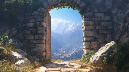 Naklejka premium An ancient stone doorway open to a breathtaking mountain landscape beyond.