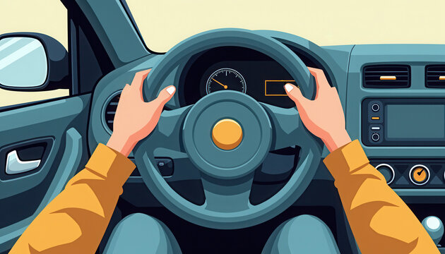 Driver wearing yellow jacket holding steering wheel for driving safety campaigns, automotive blogs and transportation instruction materials