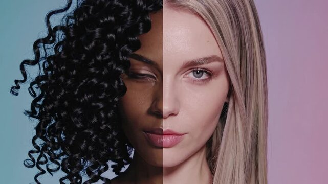 Split-screen video showing contrasting beauty standards with a close-up angle; one side features curly hair, the other straight, highlighting diversity.