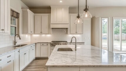A bright minimalist kitchen with white cabinets, marble countertops, and stylish pendant lighting.