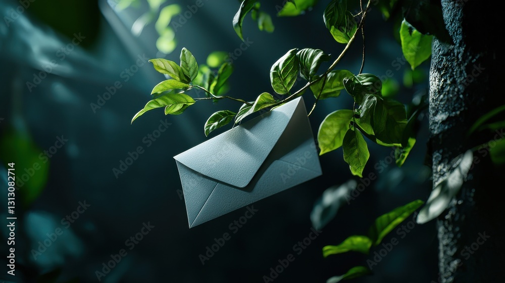 Aufkleber a white envelope is hanging from a tree branch
