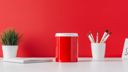 Red container on minimalist desk with plant and art supplies against red background