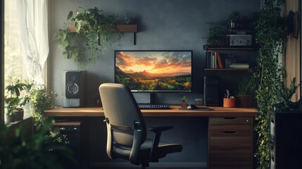 74.A cozy and functional home office setup with a chair positioned at a wooden desk, a large monitor screen, and greenery adding warmth to the grey-themed interior.