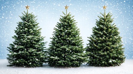 Obraz premium Three Christmas Trees In Snow Against Light Blue Background