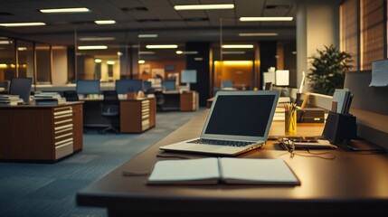 Naklejka premium 77.A clean desk in a spacious office after hours, featuring a laptop, an open notebook, and eyeglasses neatly placed under warm ambient lighting, with rows of workstations and modern office decor in