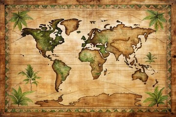 Naklejka premium An Antique World Map Depiction on Wooden Planks, Decorated with Tropical Foliage, Evoking a Sense of Exploration and Adventure