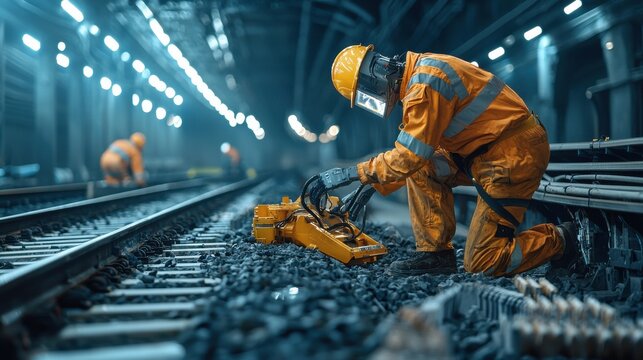 A man in an orange jumpsuit is working on a train track