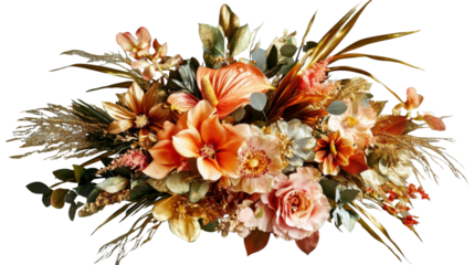 Lush floral arrangement with gold accents on transparent background