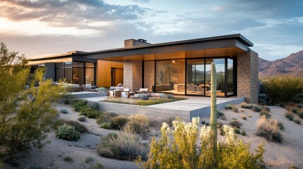 A desert minimalist home blending into the landscape, featuring natural stone, wood, and glass elements.