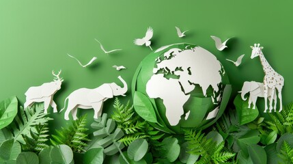 A paper-cut style illustration of Earth surrounded by wildlife and foliage, highlighting environmental themes.