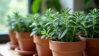 Fototapeta premium Fresh sage herbs in terracotta pot for culinary blogs and garden design inspiration
