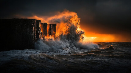 Fototapeta premium Stormy Ocean Waves Crashing Against Rugged Coastal Cliffs with Dramatic Lighting and Foam Spray in Seascape Photography 