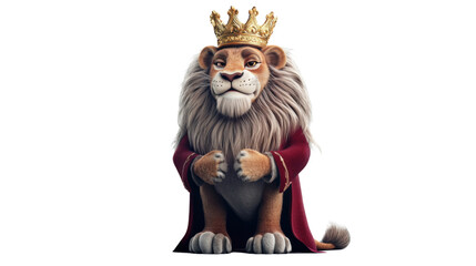 Fototapeta premium Majestic lion king wearing golden crown and red robe on transparent background