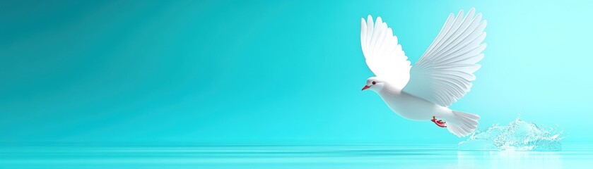 Fototapeta premium Beautiful White Dove Flying Over Calm Aqua Water Surface