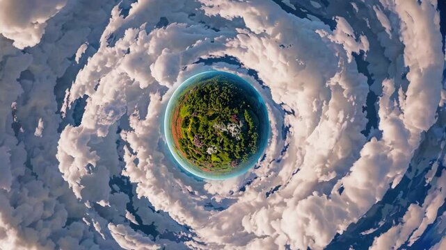 Aerial video captures a tiny planet effect, with swirling clouds encircling a lush green landscape, creating a surreal, immersive view.