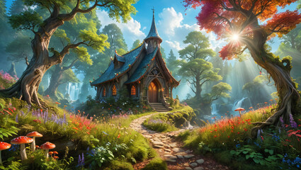 Fototapeta premium A serene elven sanctuary deep in a mystical forest