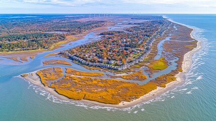 Fototapeta premium Aerial view of coastal town near marsh and ocean, sunny autumn