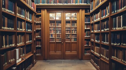 Obraz premium A grand library entrance with towering wooden doors, leading into a world of books.