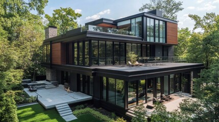 Fototapeta premium A high-end urban house exterior with sleek black metal framing, glass panels, and modern aesthetics.