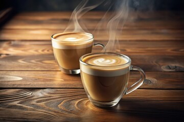 Two steaming cups of cappuccino on a rustic wooden surface, aromatic coffee drinks in clear glass mugs, perfect for a cozy morning