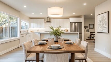 24.A contemporary kitchen space featuring a wooden dining table and modern chairs, framed by pristine white counters, subtle decor elements, and a soft glowing lamp above.