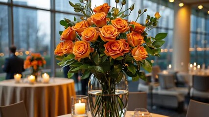 Orange roses in a vase, modern event center, city view background, for invitation or decor