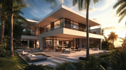 Fototapeta premium A luxurious modern villa surrounded by palm trees, featuring a sleek minimalist design and outdoor seating area.