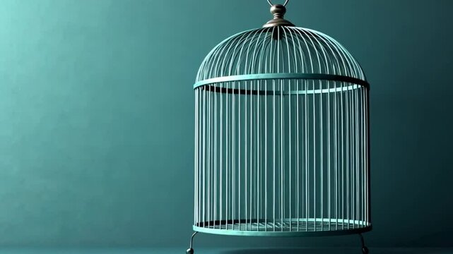 Empty teal birdcage on teal backdrop