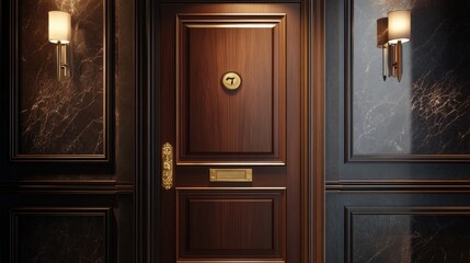 A luxury hotel room door closed, with a golden number plate and an elegant handle.
